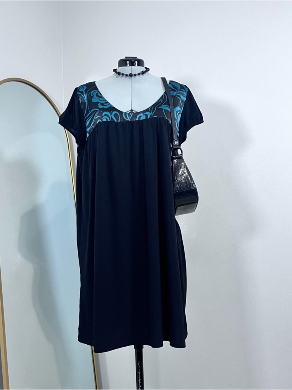 EllE Black Dress with Teal Floral Detail Women’s Short Sleeve Babydoll Dress
